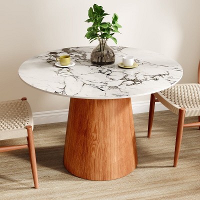 39" Modern Round Pedestal Dining Table with Glossy Faux Marble Top, Small Kitchen Table for 2-4,Indoor Small Bistro Table–The Pop Home