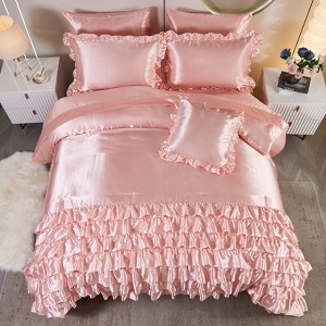 Satin Ruffle Comforter Set Bed in a Bag – 6/8-Piece Luxury Waterfall Bedding with Sheets, Pillowcases & Cushion Cover, Soft Silky Quilt - 1 of 4