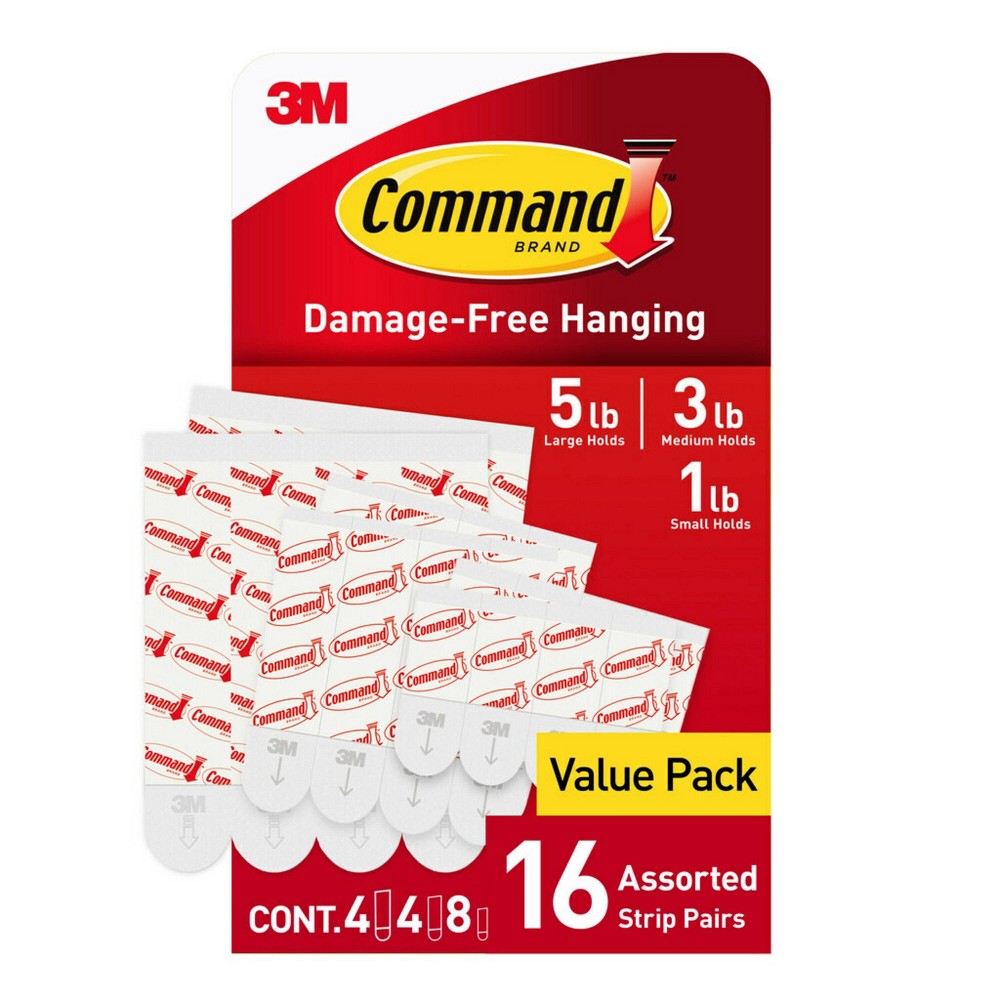 Command Refill Strips (8 Small/4 Medium/4 Large) White: Adhesive Hooks, Plastic, 16 Pack, Max 5 lb Capacity