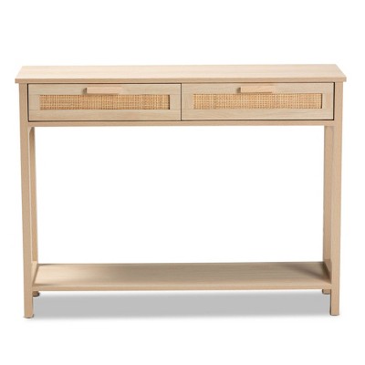 Light Brown Wood Console Table with Rattan Drawers and Shelf