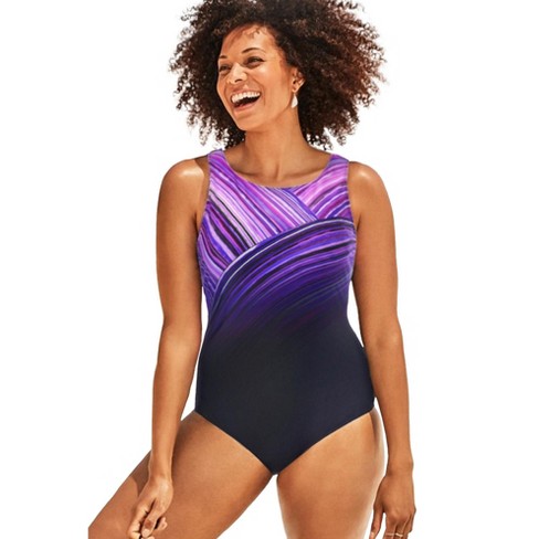 Swim 365 Women's Plus Size Zip-front One-piece With Tummy Control - 16,  Purple : Target