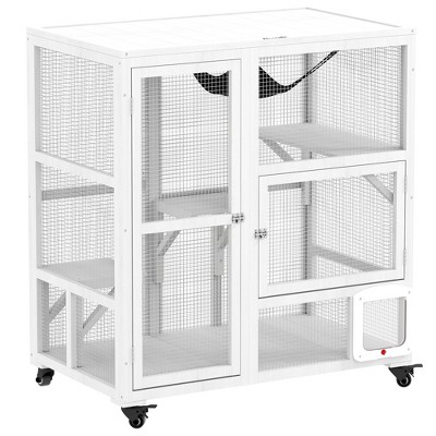 PawHut Indoor Wooden Catio, Cat House Cat Enclosure on Wheels with 3 Platforms, Hammock, Cat Flap & Openable Top, Luxury Kitty House for 2 Cats
