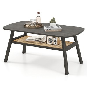 Tangkula 2-Tier Coffee Table w/ Rattan Storage Shelf & Rubber Wood Legs for Living Room - 1 of 4