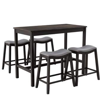 Tangkula 5PCS Bar Table Set Counter Height Table & Upholstered Saddle Stools Set for 4