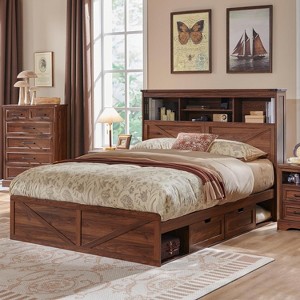 SinCiDo Farmhouse Queen Wood Bed Frame, 52" Tall Headboard with 4 Storage Drawers, LED Light & Charging Station, No Box Spring Needed - 1 of 4