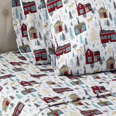 King Blue Cotton Polyester Flannel Cabin Print Sheet Set