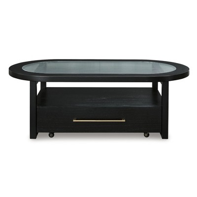 Black Oval Wood and Glass Lift-Top Coffee Table with Storage