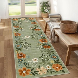 2' x 6' Green Floral Runner Rug, Washable, Low-Pile, Non-Slip, Stain-Resistant, Soft Foldable Ideal for Entryway, Laundry, Bathroom - 1 of 4