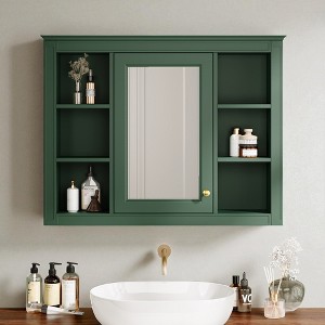 35'' x 27.5'' Medicine Cabinet, Wall Mounted Bathroom Storage Cabinet with Mirror, Modern Wall Cabinet with Concealed & Open Shelves - 1 of 4