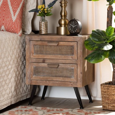 Calida Whitewashed Brown Wood and Rattan 2-Drawer Nightstand