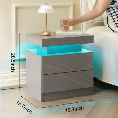 Gulches LED Nightstand with 2 Drawers & Open Compartment, Multi-Color Adjustable Lights, Modern Grey Gold End Table for Bedroom Living Room