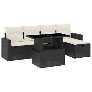 vidaXL 6 Piece Patio Sofa Set with Cushions Black and Cream Poly Rattan - Without Storage - 1 of 4