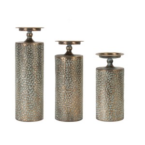 HomeRoots Set of Three Bronze Distressed Abstract Metal Tabletop Pillar Candle Holders - 1 of 4