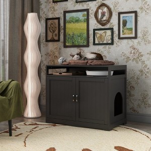 CAVINAS Litter Box Enclosure with Hidden Electrical Plug,2-Door Multifunctional Cat Furniture Cabinet with Shelf - 1 of 4