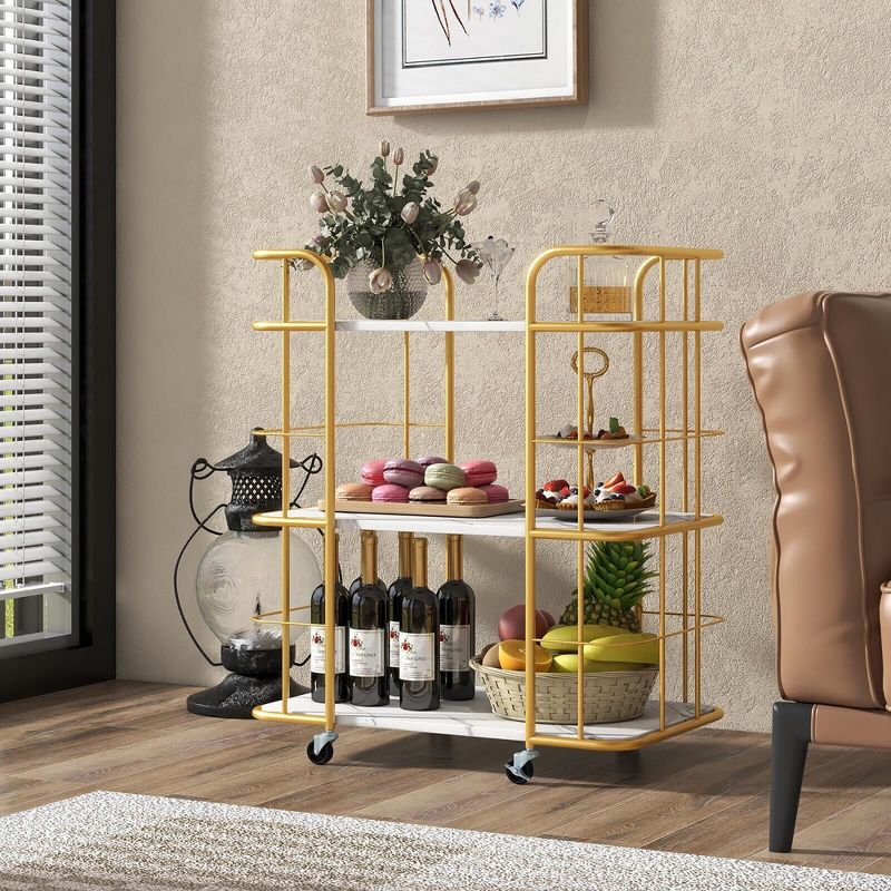 Tangkula 2 PCS 3-Tier Kitchen Storage Utility Cart Gold Rolling Bar Serving w/Lockable Casters, 4 of 11