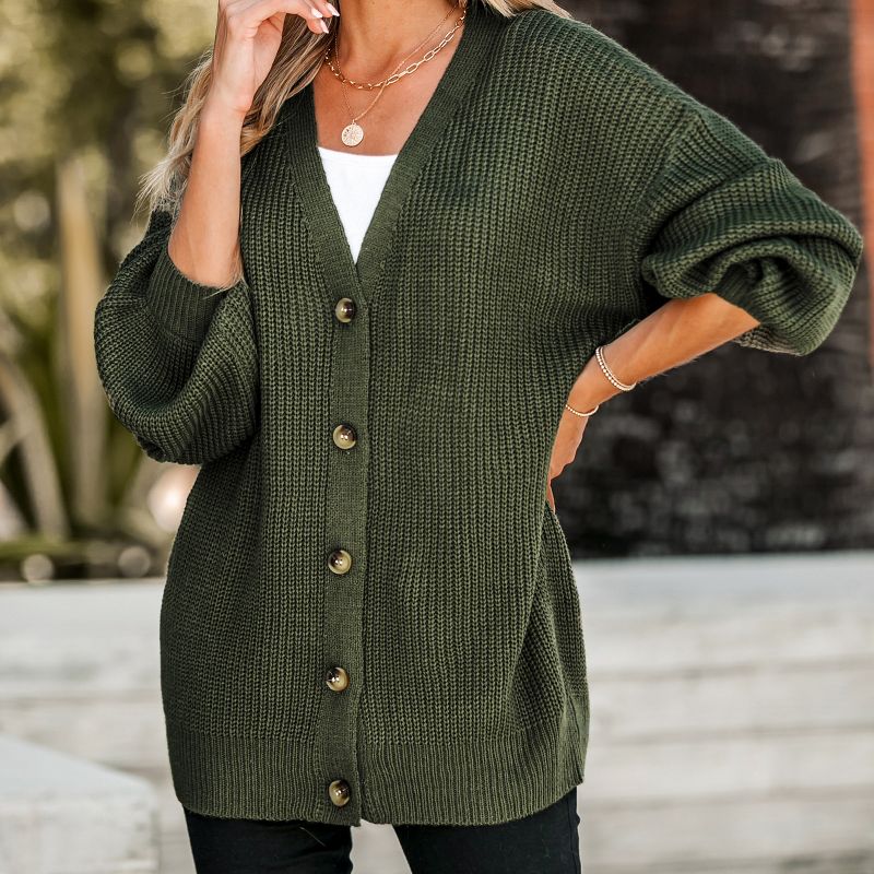 Women's Forest Green V-Neck Buttoned Cardigan - Cupshe, 3 of 8