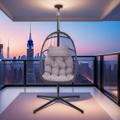 FURNIinspire Patio Swings Wicker Hanging Chair Swing Chair Egg Chair, Outdoor Indoor Swing Chair With Gray Cushion, Gray, 38“*38"*76"