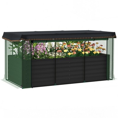 Outsunny Galvanized Raised Garden Bed, Planter Box with Crop Cage and Shade Cloth