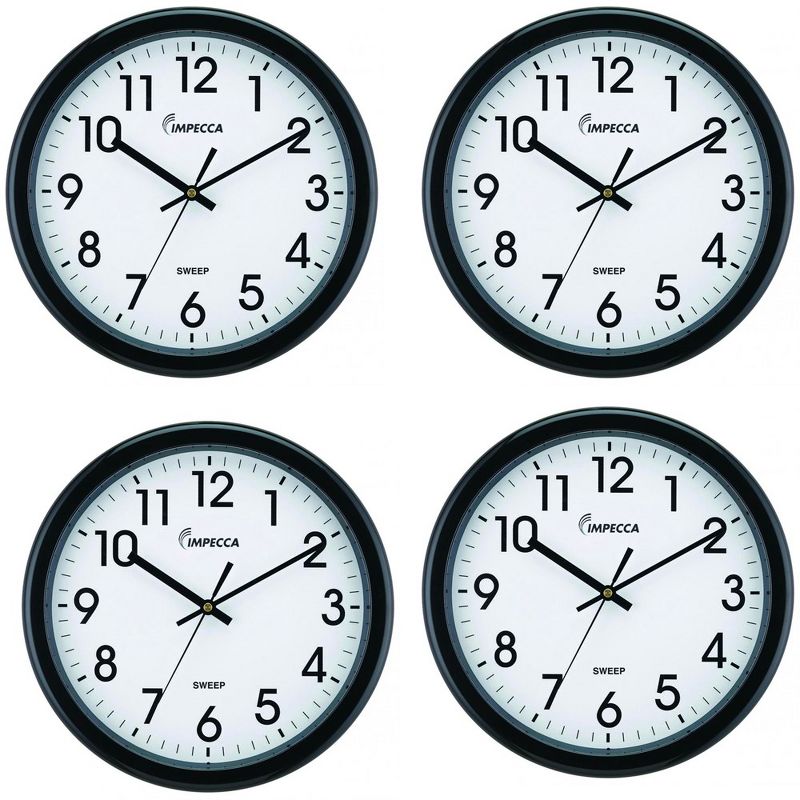 Impecca 12 Inch Quiet Movement Wall Clock, Black, 4-Pack, 1 of 4