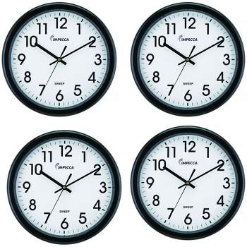 Impecca 12 Inch Quiet Movement Wall Clock, Black, 4-Pack