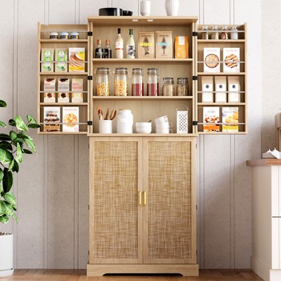 Pantry Cabinet, Kitchen Storage Cabinets with Doors and Shelves, 72" Tall Farmhouse Rattan Pantries with Drawers for Dining Room, Living Room