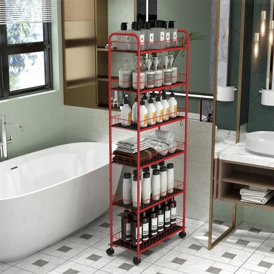 6 Tier Slim Rolling Storage Cart, Metal Mobile Shelving Unit, Lockable Utility Cart with Basket for Kitchen Bathroom Laundry Narrow Places