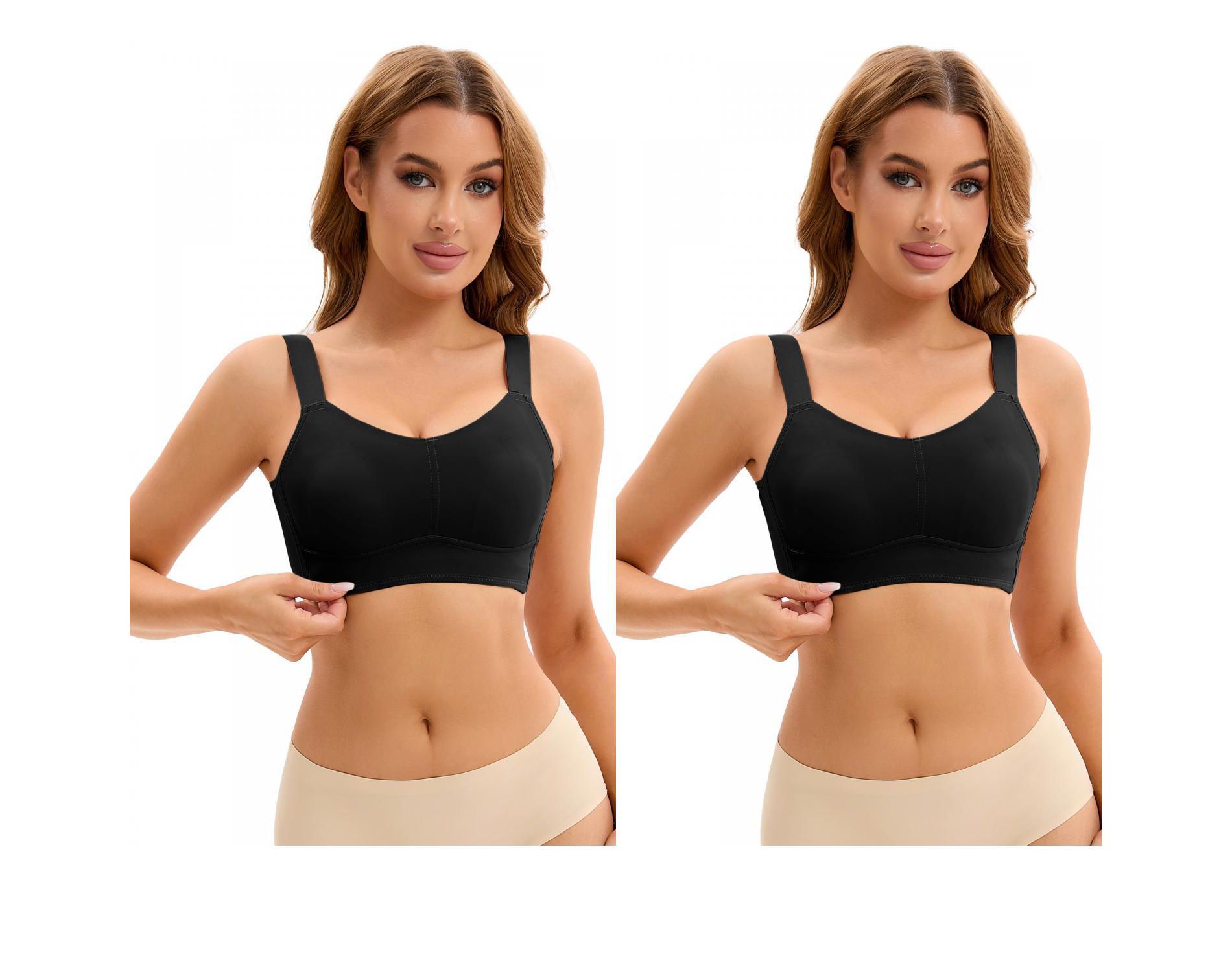 INSPIRE CHIC 2 Pcs Women's Push Up U Neck Full Coverage Wirefree Adjustable Straps Minimiser Bras X-Large 2 Black