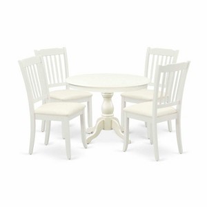 HomeStock 5-Piece Round Linen White Finish Solid Wood Top Dining table with 4-Chairs with Slat Back - 1 of 4