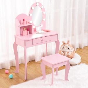 Kids Vanity Girls Princess Makeup Desk Set with Mirror, Stool, Drawer & Pretend Play Cosmetics, Wooden Dressing Table Toy for Toddlers - 1 of 4