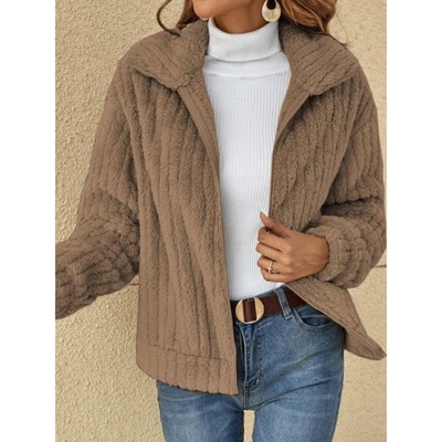 Womens Plush Fleece Zip Up Jacket Notched Lapel Cardigan Coat