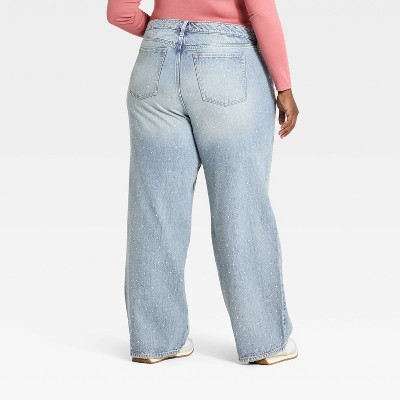 Women's Mid-Rise 90's Baggy Denim Rhinestone Jeans - Universal Thread Light Wash