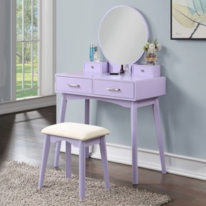 32.7" Modern Wood Vanity Set with Round Mirror, 2 Drawers and Upholstered Stool, Makeup Table for Bedroom - 3irtyhousy - 1 of 4