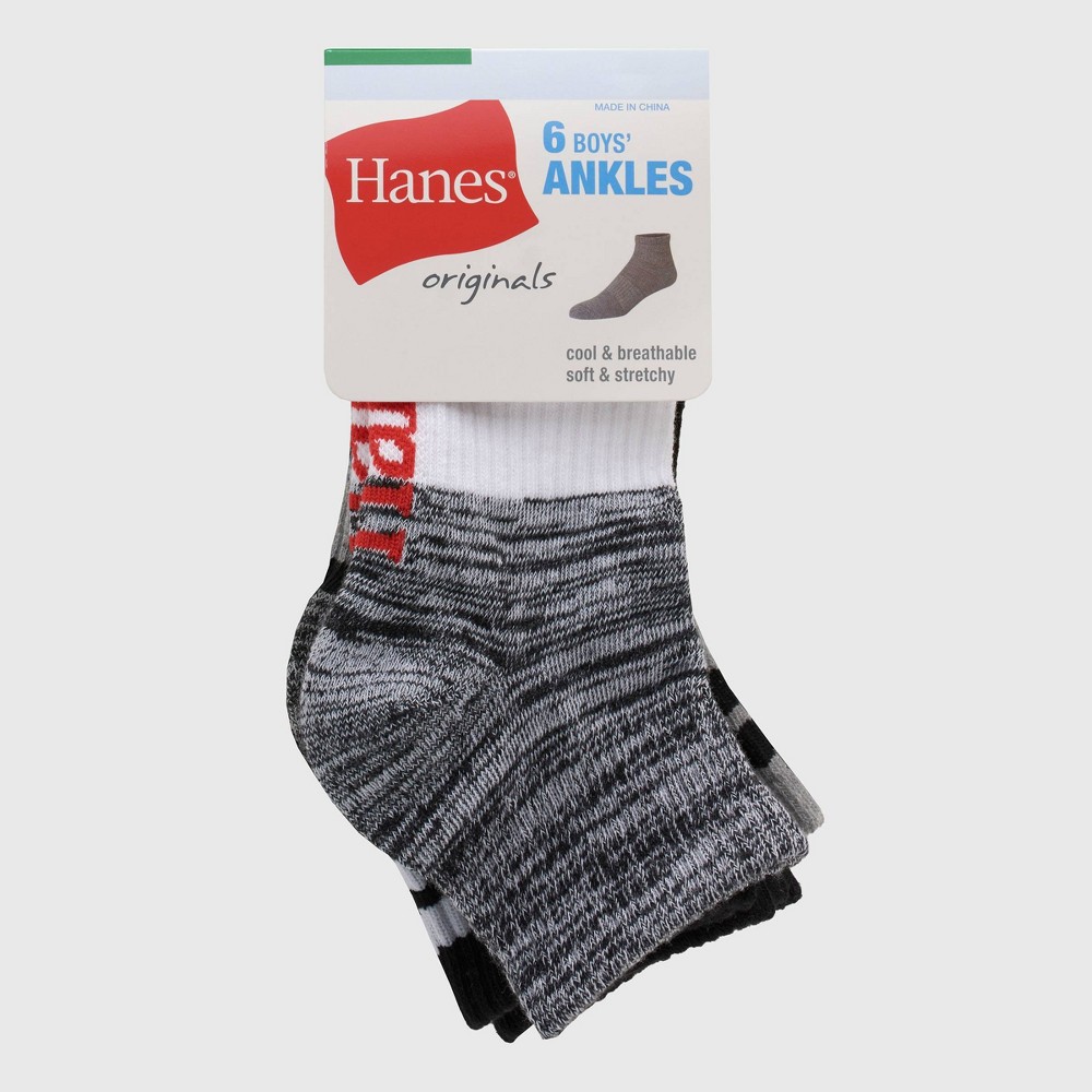 Hanes Originals Boys' 6pk Ankle Socks - White/Black L