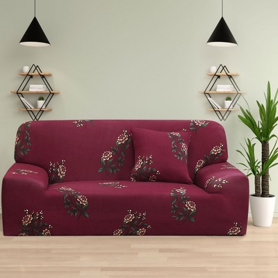 PiccoCasa Stretch Sofa Cover Floral Printed Couch Slipcover for Sofas with  One Pillowcase Burgundy 88-114 inches