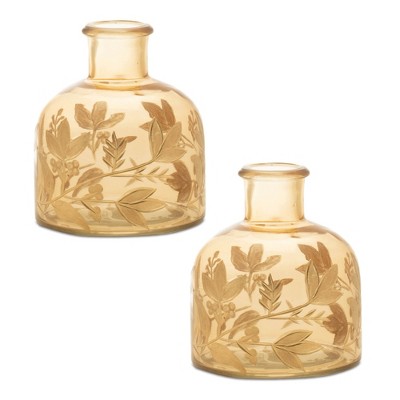 Foliage Etched Glass Bottle Vase (Set of 2)