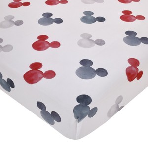 NoJo Disney Mickey Mouse - Black, White, Gray and Red Watercolor Mickey Ears Nursery Fitted Crib Sheet - 1 of 4