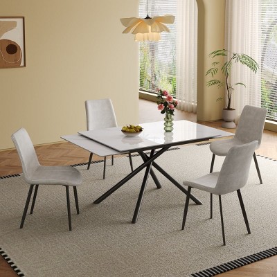 Modern Rectangular Extendable Dining Table for 6-8, Sintered Stone Kitchen Table or Dining Room Table with Crossed Metal Legs-The Pop Home