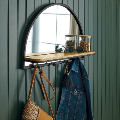 24&#34;x15&#34; Arch Wall Mirror with Shelf and Pegs Brown/Black - Threshold&#8482;