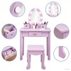 Kids Vanity with Lighted Mirror, Makeup Table and Stool for Girls, Vanity Table and Chair Set with Wood Makeup Playset,Purple - 3 of 4