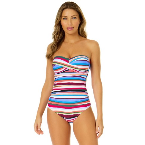 Anne Cole Women's Easy Breezy Stripe Twist Front Shirred One Piece Swimsuit  - Multi 16