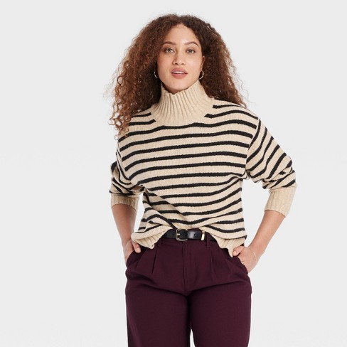 Stripe Cable Button Mock cheapest Neck Sweater