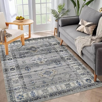 Acekool Boho Vintage Medallion Area Rug Collection, Washable Foldable Low Pile Non Slip Chenille TPR Backing, Red Blue Beige Gray