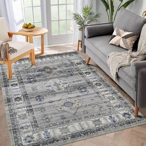 Acekool Boho Vintage Medallion Area Rug Collection, Washable Foldable Low Pile Non Slip Chenille TPR Backing, Red Blue Beige Gray - 1 of 4