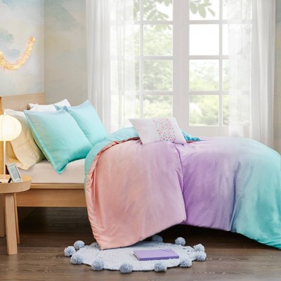 Full/Queen Aqua and Pastel Purple Ombre Glitter Duvet Cover Set