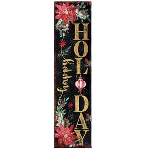 HomeRoots 36" Black Gold Green And Red Solid Wood Happy Holidays Christmas Poinsettia Porch Sign - 1 of 4