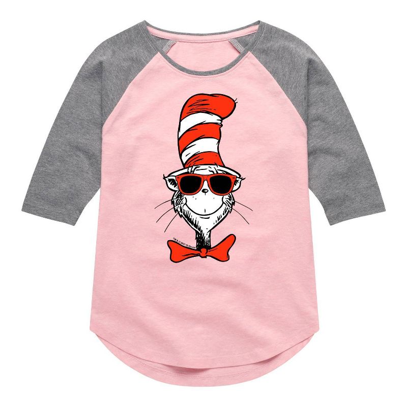 Girls' Dr. Seuss Cat in the Hat Shades Three Quarter Sleeve Raglan Graphic T-Shirt - Heather Gray/Light Pink, 1 of 2