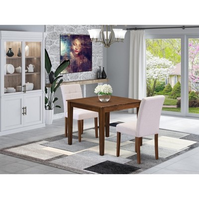 East West Furniture OXAS3-AWA-08 3 Piece Dining Set contain A Wooden Kitchen Table and 2 Mist Beige Linen Fabric Dining Room Chairs Antique Walnut