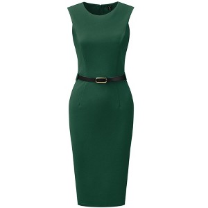 INSPIRE CHIC Women's Belted Round Neck Sleeveless Casual Office Sheath Dress - 1 of 4