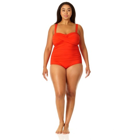 Anne Cole Plus Twist Front Shirred One Piece Swimsuit Red Spice 22W