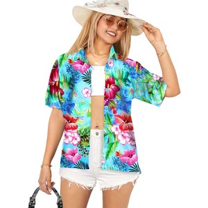 LA LEELA Button Down Shirt for Women Floral Summer Beach Blouses Shirt Blouse Short Sleeve Vacation Casual Button Up Hawaiian Shirts - 1 of 4